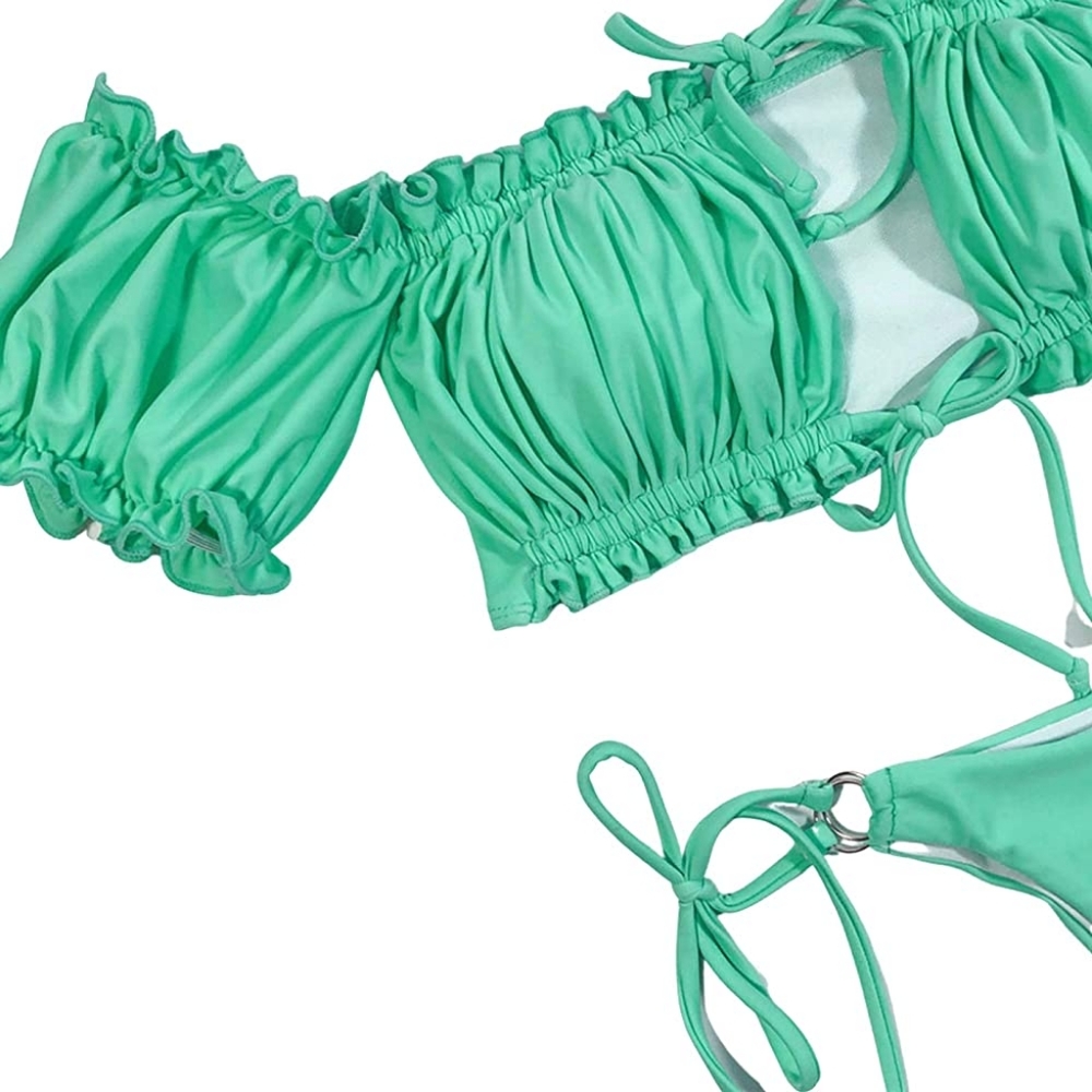 🆕️Bandeau Bikini Set Strapless Ribbed Tie Back Ruffle Cutout Swimsuits - Picture 5 of 6